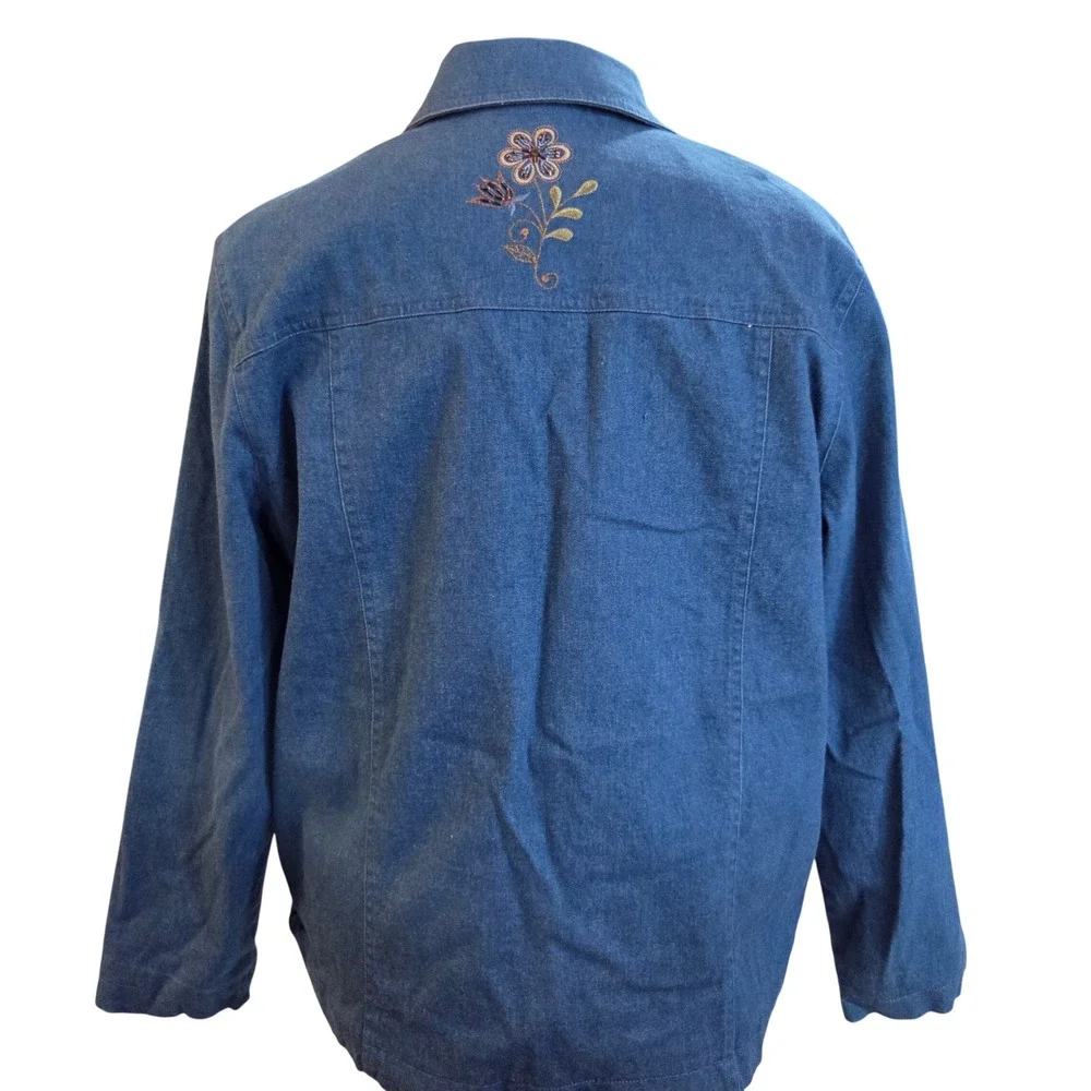Alfred Dunner Floral Embroidered Denim‎ Jacket Size 14 Blue Stretch Button Front